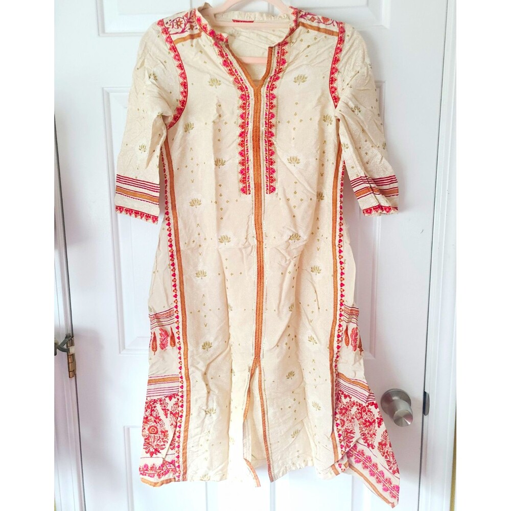 W for Women Beige Cotton Woven Kurta Tunic with Red Print Trim Size S
